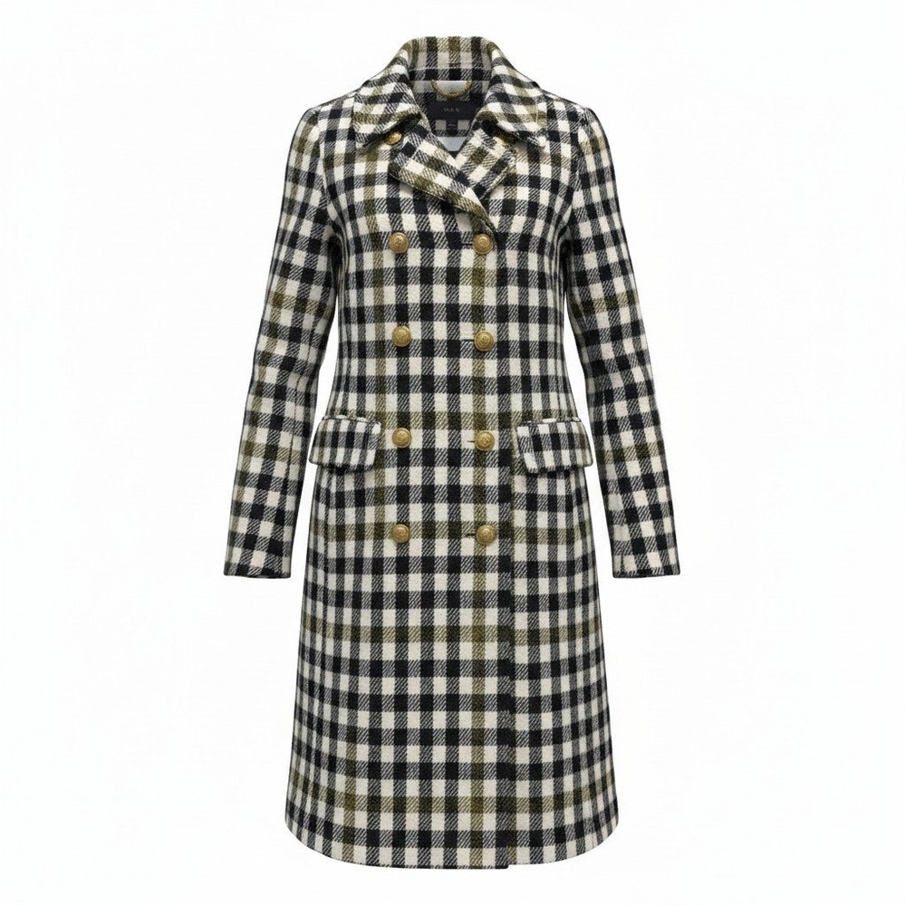 J Crew Wool Pea Coat Women 4 Black Plaid Double Breasted Gold Button Heritage